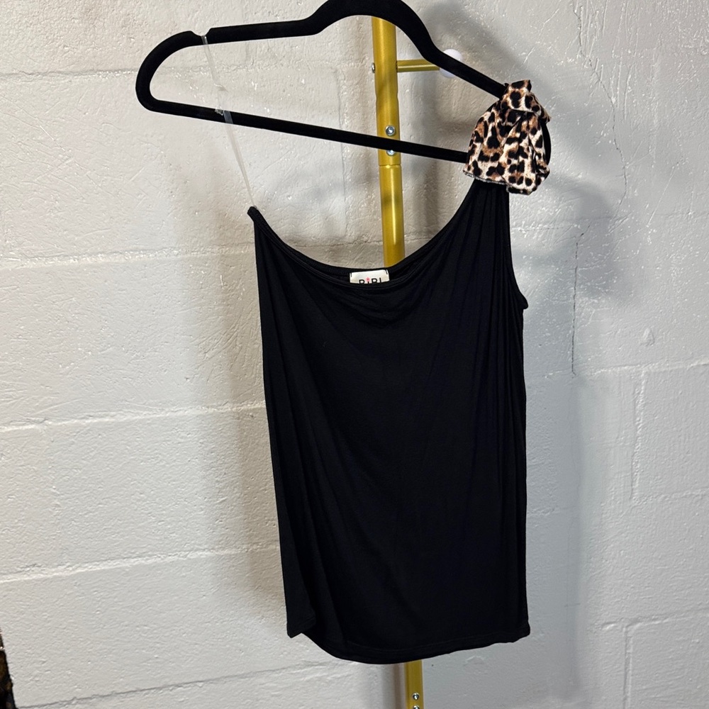 BiBi Black One-Shoulder Top with Leopard Accent